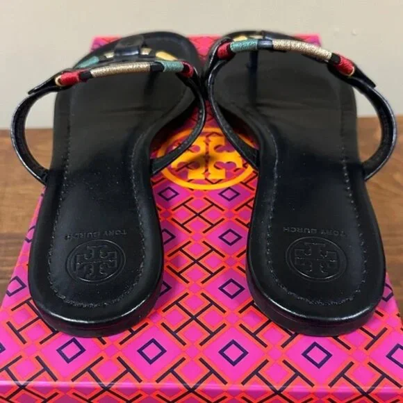 TORY BURCH 'MILLER' LEATHER THONG SANDALS EMBROIDERED W/'TB' BOX - Picture 3 of 16